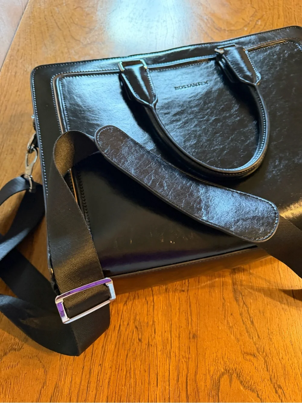 Bostonian Black Leather Laptop Briefcase with Adjustable Strap